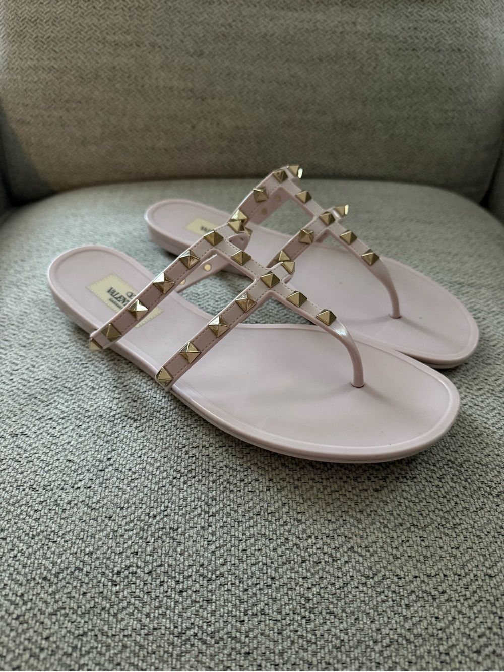 Valentino Light Pink Jelly Rockstud Thong Sandals with Gold Studs